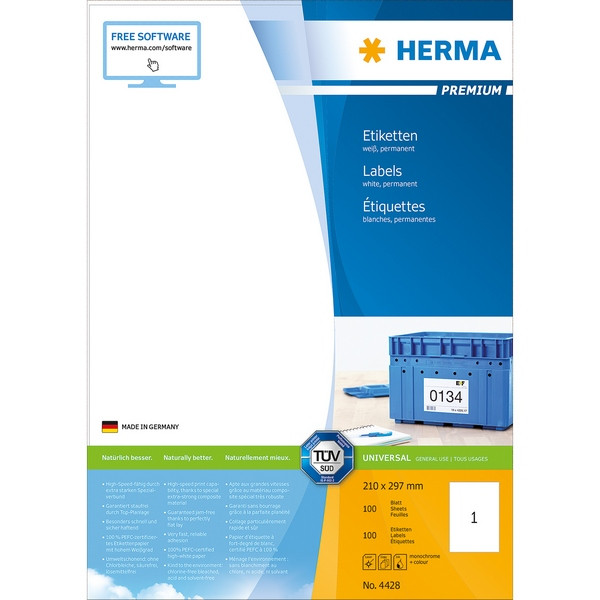 HERMA 4428 Этикетки самоклеющиеся Бумажные А4, 210.0 x 297.0, цвет: Белый, клей: перманентный, для печати на: струйных и лазерных аппаратах, в пачке: 100 листов/100 этикеток