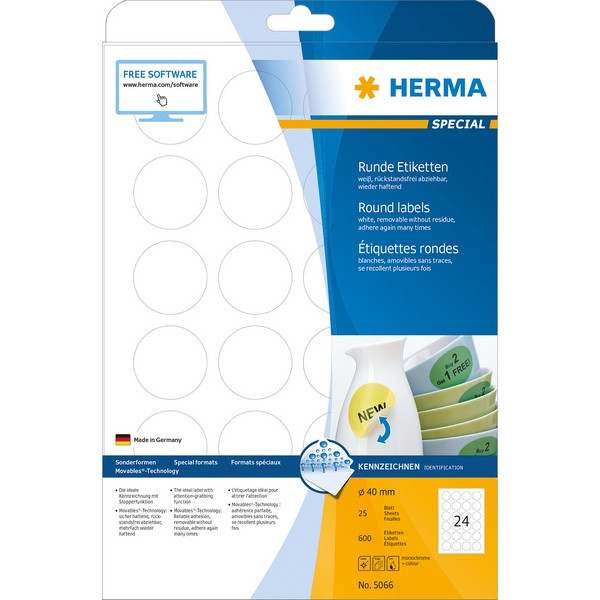 HERMA 5066 (круглые) Этикетки самоклеющиеся Бумажные А4, д. 40 мм, цвет: Белый, клей: не перманентный (removable - обладает свойствами стикера), для печати на: струйных и лазерных аппаратах, в пачке: 25 листов/600 этикеток