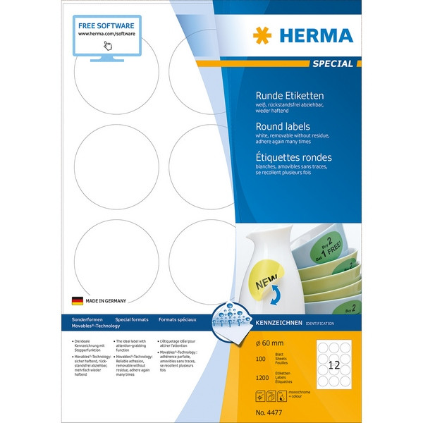 HERMA 4477 (круглые) Этикетки самоклеющиеся Бумажные А4, д. 60 мм, цвет: Белый, клей: не перманентный (removable - обладает свойствами стикера), для печати на: струйных и лазерных аппаратах, в пачке: 100 листов/1200 этикеток