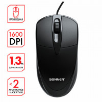 Мышь проводная SONNEN B61, USB, 1600 dpi, 2 кнопки + колесо-кнопка, оптическая, черная, 513513