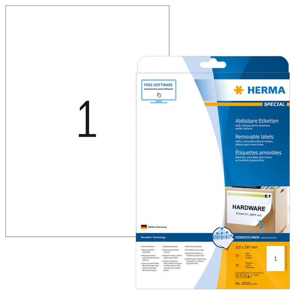 HERMA 10021 Этикетки самоклеющиеся Бумажные А4, 210.0 x 297.0, цвет: Белый, клей: не перманентный (removable - обладает свойствами стикера), для печати на: струйных и лазерных аппаратах, в пачке: 25 листов/25 этикеток