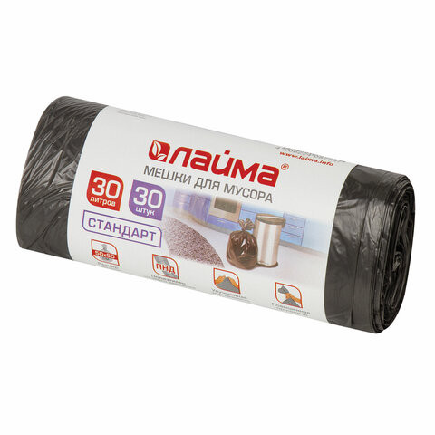 Мешки для мусора  30 л LAIMA, черные, в рулоне 30 шт., ПНД 8 мкм, 50х60 см (LAIMA 601377)