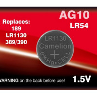 Батарейка Camelion AG10, G10, LR54, LR1130, 189, 389/390, SR1130W, GP89A (отрывной блистер) 1 шт.