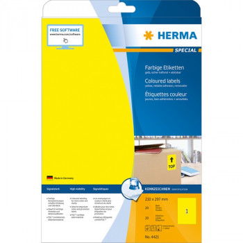HERMA 4421 Этикетки самоклеющиеся Бумажные А4, 210.0 x 297.0, цвет: Желтый, клей: перманентный, для печати на: струйных и лазерных аппаратах, в пачке: 20 листов/20 этикеток Компания HEWLETT PACKARD (HP), официально рекомендует использовать продукцию Компании HERMA на своей технике. Компания HERMA имеет специальный сертификат, выданный ей от НР.