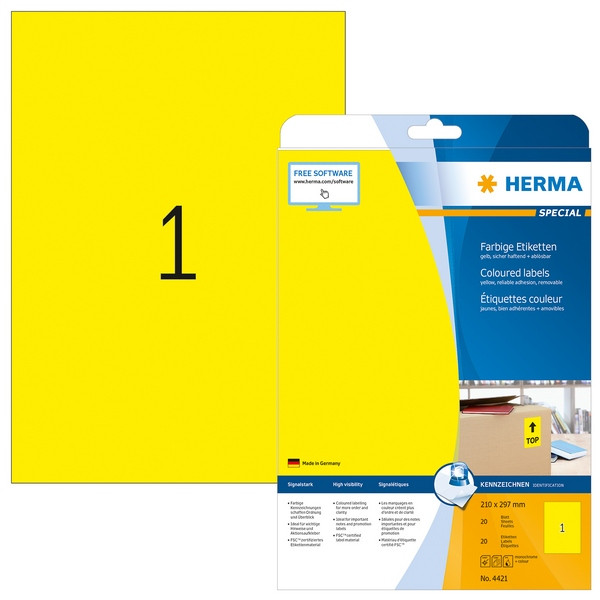 HERMA 4421 Этикетки самоклеющиеся Бумажные А4, 210.0 x 297.0, цвет: Желтый, клей: перманентный, для печати на: струйных и лазерных аппаратах, в пачке: 20 листов/20 этикеток