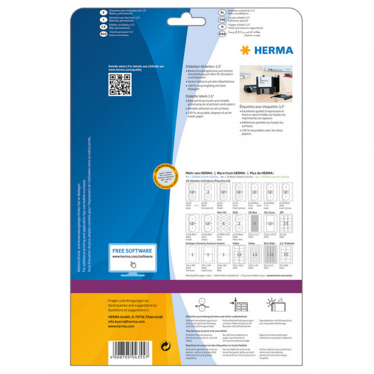 HERMA 4355 Этикетки самоклеющиеся для Дискет Бумажные А4, 70.0 x 67.7        , цвет: Белый, клей: перманентный, для печати на: струйных и лазерных аппаратах, в пачке: 25 листов/200 этикеток