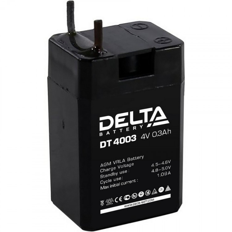 Energon Delta DT 4003 Аккумуляторная батарея DELTA DT 4003 (4В / 0,3Ач, Тип: AGM, Клемма: Терминал, ДхШхВ: 26х21х40мм (Полная высота: 45мм), срок службы: 5 лет, Гарантия: 1г, вес: 0,045кг)