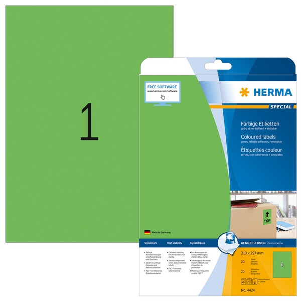 HERMA 4424 Этикетки самоклеющиеся Бумажные А4, 210.0 x 297.0, цвет: Зеленый, клей: перманентный, для печати на: струйных и лазерных аппаратах, в пачке: 20 листов/20 этикеток