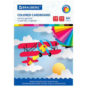 Картон цветной BRAUBERG Самолет А4, 12 листов, 12 цветов, немелованный, 200 г/м2, 200х297 мм (BRAUBERG 113556) Набор цветного картона BRAUBERG предназначен для творчества и хобби и может использоваться детьми с трехлетнего возраста. Картон рекомендован для уроков труда и технологии. Творческая инструкция по созданию аппликации на обороте.