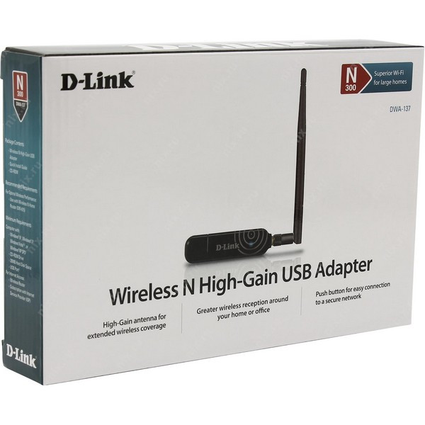 D-Link DWA-137/A1, 300Mbps 802.11n, 2.4GHz, внешняя антенна, беспроводный сетевой адаптер