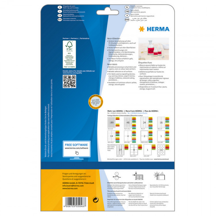 HERMA 5048 Этикетки самоклеющиеся Бумажные А4, 210.0 x 297.0, цвет: Красный неон, клей: перманентный, для печати на: струйных и лазерных аппаратах, в пачке: 20 листов/20 этикеток