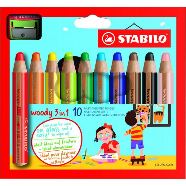 Набор цветных карандашей Stabilo Woody, 3 в 1: цветной карандаш, акварель и восковой мелок, супертолстые, 10 цветов + точилка (STABILO 880/10-2)