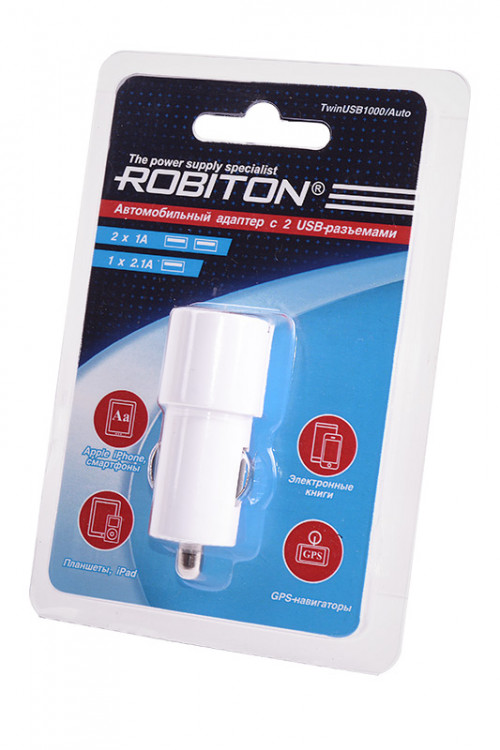Адаптер/блок питания автомобильный ROBITON TwinUSB1000/Auto 2100мА с 2 USB входом (12-24V) BL1