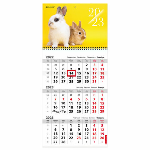 Календарь квартальный на 2023 г., 3 блока, 1 гребень, с бегунком, мелованная бумага, "BUNNIES", BRAUBERG, 114267