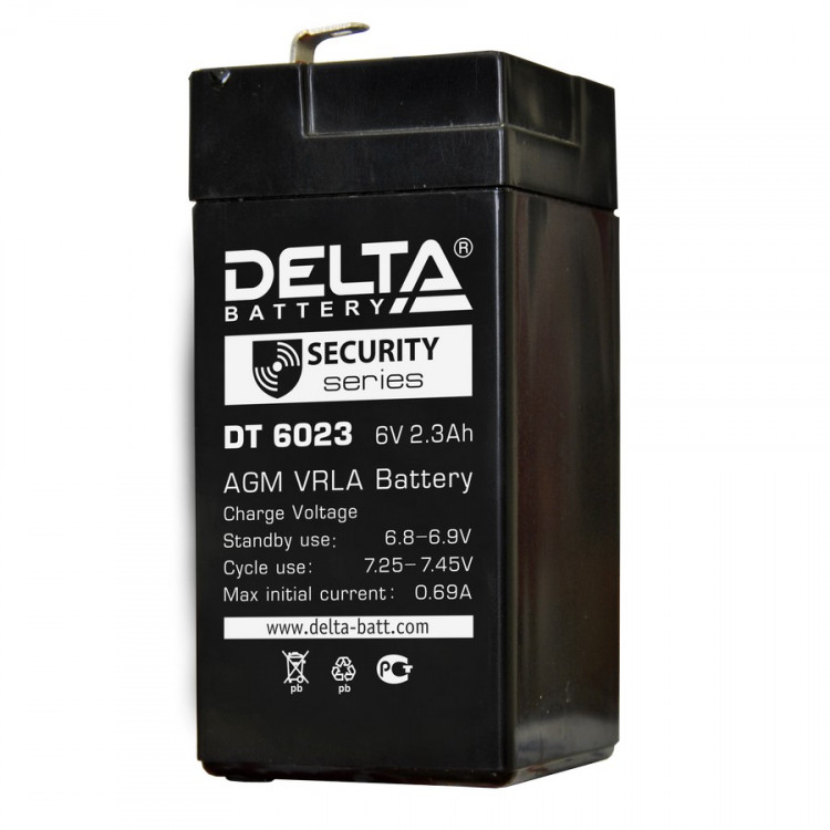 Energon Delta DT 6023 Аккумуляторная батарея DELTA DT 6023 (6В / 2,4Ач, Тип: AGM, Клемма: F1, ДхШхВ: 44х47х101мм (Полная высота: 107мм), срок службы: 5 лет, Гарантия: 1г, вес: 0,45кг)