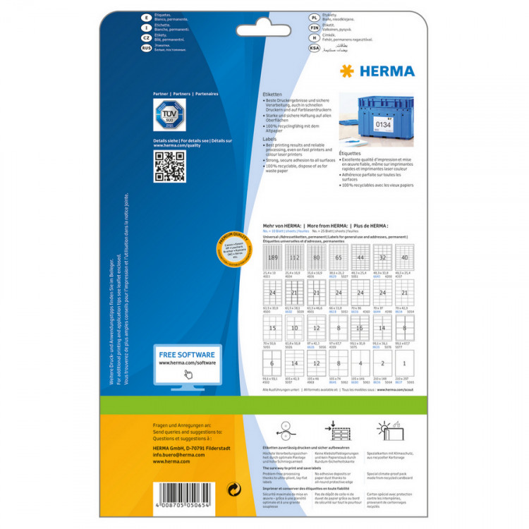 HERMA 5065 Этикетки самоклеющиеся Бумажные А4, 210.0 x 297.0, цвет: Белый, клей: перманентный, для печати на: струйных и лазерных аппаратах, в пачке: 25 листов/25 этикеток