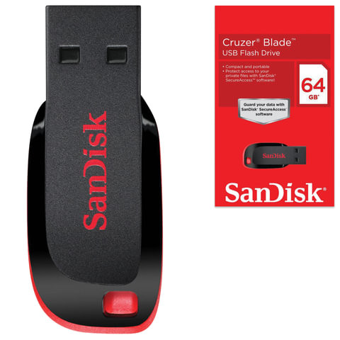 Флеш-диск 64 GB, SANDISK Cruzer Blade, USB 2.0, черный/красный, SDCZ50-064G-B35