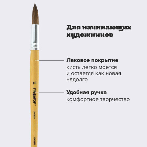 Кисть ПИФАГОР, ПОНИ, круглая, № 10, деревянная лакированная ручка, колпачок, пакет с подвесом, 200839 Кисть ПИФАГОР, ПОНИ, круглая, № 10, деревянная лакированная ручка, колпачок, пакет с подвесом, 200839