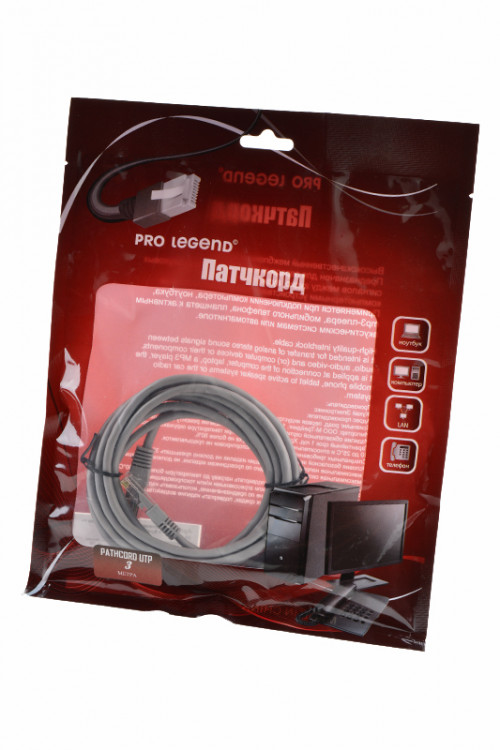 Кабель Pro Legend PL1222 Патчкорд UTP кат.5E RJ-45 вилка <--> RJ-45 вилка, серый, 3м BL1