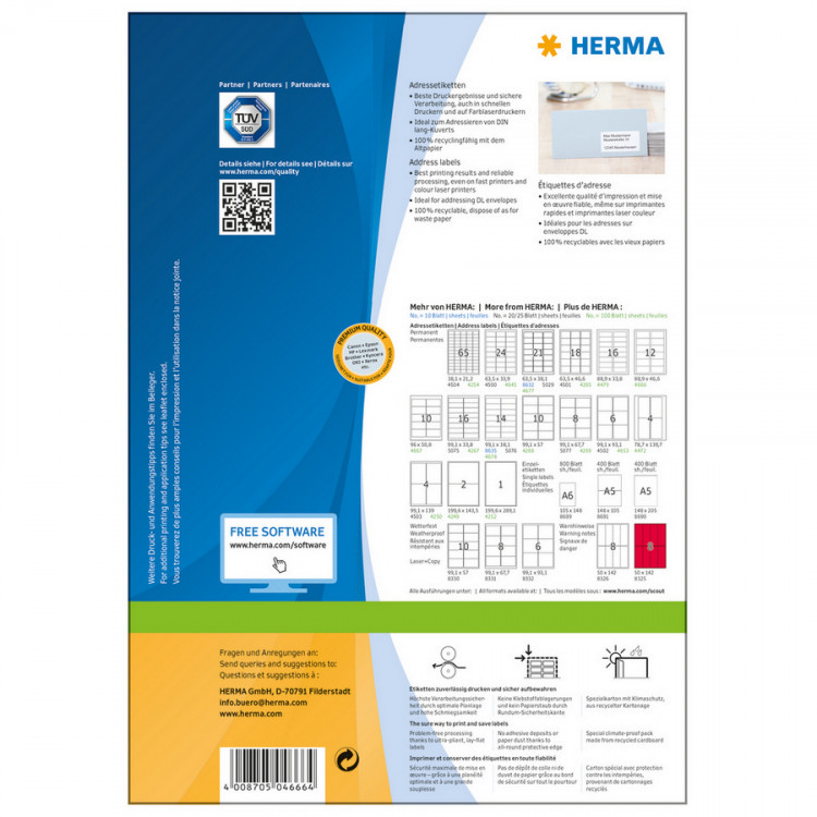 HERMA 4666 Этикетки самоклеющиеся Бумажные А4, 88.9 x 46.6, цвет: Белый, клей: перманентный, для печати на: струйных и лазерных аппаратах, в пачке: 100 листов/1200 этикеток