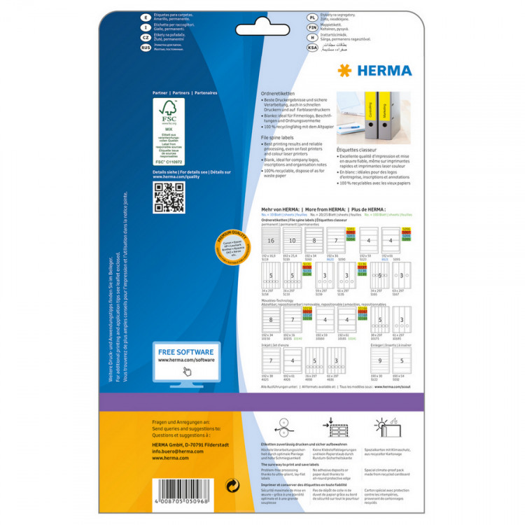 HERMA 5096 (для папок) Этикетки самоклеющиеся Бумажные А4, 192.0 x 61.0, цвет: Желтый, клей: перманентный, для печати на: струйных и лазерных аппаратах, в пачке: 20 листов/80 этикеток