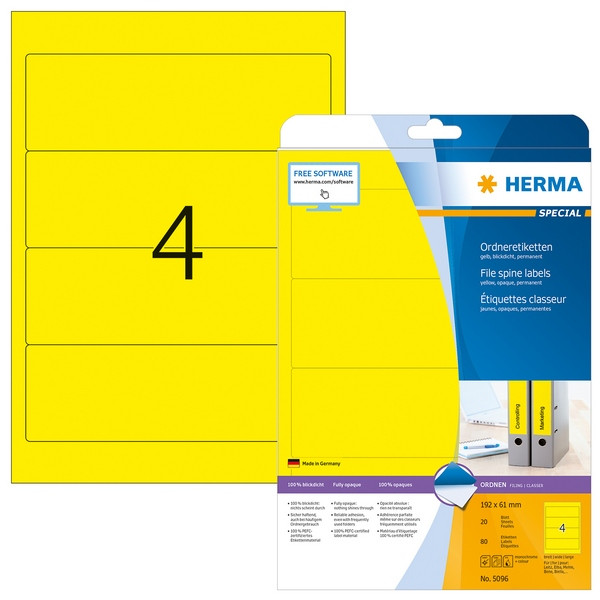 HERMA 5096 (для папок) Этикетки самоклеющиеся Бумажные А4, 192.0 x 61.0, цвет: Желтый, клей: перманентный, для печати на: струйных и лазерных аппаратах, в пачке: 20 листов/80 этикеток