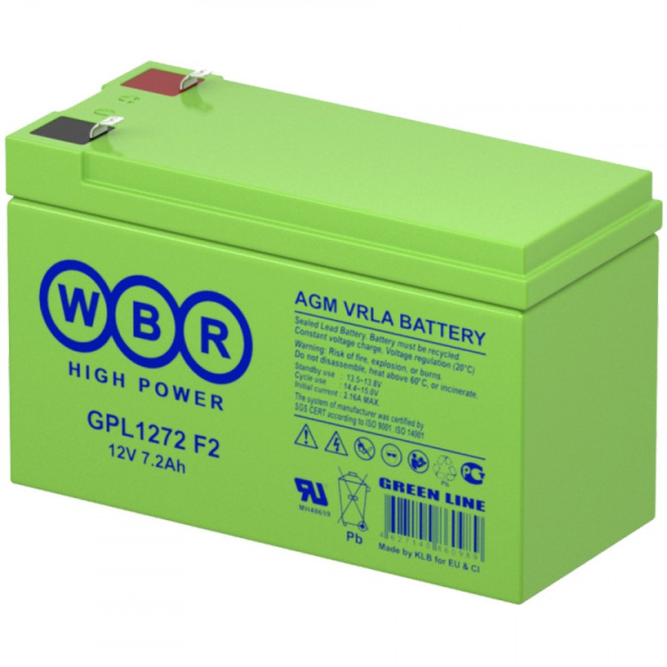 Аккумуляторная батарея WBR GPL1272 F2 (12В / 7,2Ач, универсальная, AGM, Клемма: F1 / F2, ДхШхВ: 151x65x100, срок службы: 12 лет, вес: 2,4кг) (WBR GPL1272-F2-WBR) Аккумуляторная батарея WBR GPL1272 F2 (12В / 7,2Ач, универсальная, AGM, Клемма: F1 / F2, ДхШхВ: 151x65x100, срок службы: 12 лет, вес: 2,4кг) (WBR GPL1272-F2-WBR)