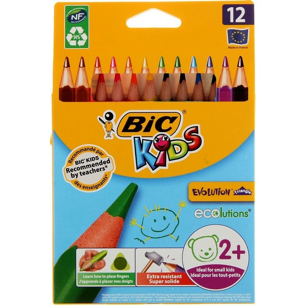 Набор цветных карандашей BIC Kids Evolution Triangle, пластиковые, трехгранные, утолщенные, 12 цветов (BIC 8297356)