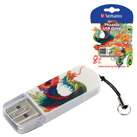 Флеш-диск 8 GB, VERBATIM Mini Tattoo Edition Phoenix, USB 2.0, белый с рисунком, 49883