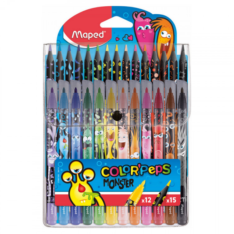 Набор для рисования Maped Color'Peps Monster, 12 фломастеров + 15 цветных карандашей, декорированный корпус, пластиковый футляр (MAPED 984718)*