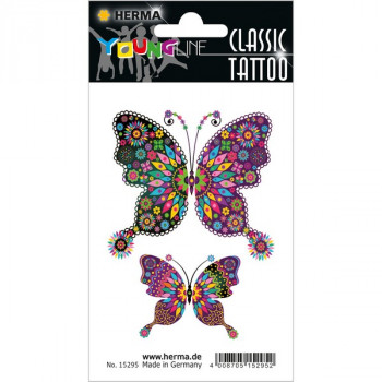HERMA 15295 НАКЛЕЙКИ TATTOO CLASSIC бабочки XXL HERMA Tattoo Classic - цветные, черно-белые, светящиеся в темноте, для взрослых и детей. Абсолютно безопасны и не токсичны.