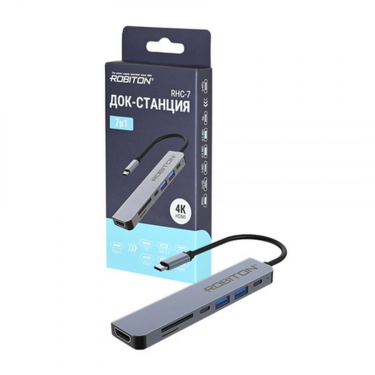 USB-разветвитель ROBITON RHC-7 Док-станция (хаб) PD/HDMI/SD/TF/USB A/USB C BL1
