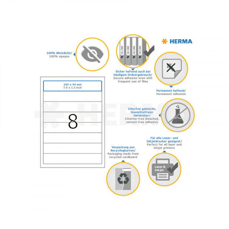 HERMA 5160 (для папок) Этикетки самоклеющиеся Бумажные А4, 192.0 x 34.0, цвет: Белый, клей: перманентный, для печати на: струйных и лазерных аппаратах, в пачке: 25 листов/200 этикеток