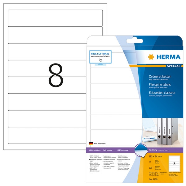 HERMA 5160 (для папок) Этикетки самоклеющиеся Бумажные А4, 192.0 x 34.0, цвет: Белый, клей: перманентный, для печати на: струйных и лазерных аппаратах, в пачке: 25 листов/200 этикеток