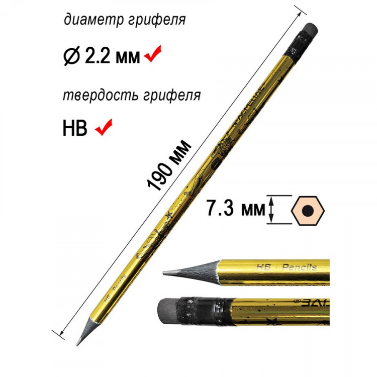 Карандаш чернографитный ACMELIAE корпус золотистый и серебристый, круглый, HB, с ластиком, ассорти, 1 шт (ACMELIAE 43170 EAN)