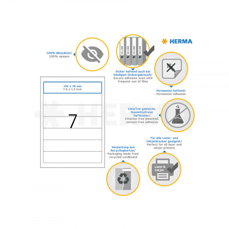 HERMA 5090 (для папок) Этикетки самоклеющиеся Бумажные А4, 192.0 x 38.0, цвет: Белый, клей: перманентный, для печати на: струйных и лазерных аппаратах, в пачке: 25 листов/175 этикеток
