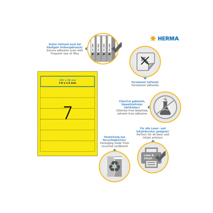 HERMA 5091 (для папок) Этикетки самоклеющиеся Бумажные А4, 192.0 x 38.0, цвет: Желтый, клей: перманентный, для печати на: струйных и лазерных аппаратах, в пачке: 25 листов/175 этикеток
