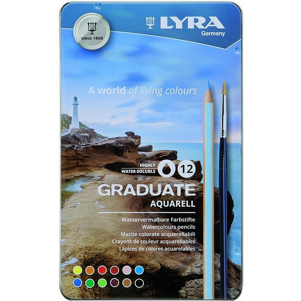 Набор цветных акварельных карандашей LYRA Graduate Aquarell, 12 цветов + кисть, в металлическом пенале (LYRA 2881120)