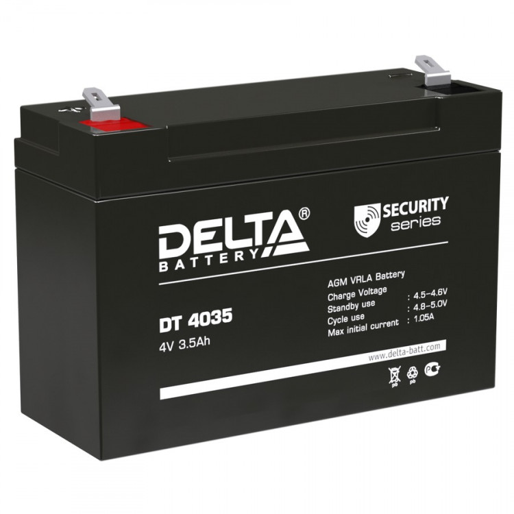 Energon Delta DT 4035 Аккумуляторная батарея DELTA DT 4035 (4В / 3,5Ач, Тип: AGM, Клемма: F1, ДхШхВ: 90х34х60мм (Полная высота: 66мм), срок службы: 5 лет, Гарантия: 1г, вес: 0,46кг)