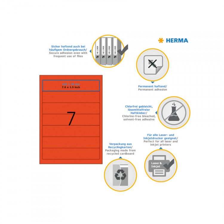 HERMA 5092 (для папок) Этикетки самоклеющиеся Бумажные А4, 192.0 x 38.0, цвет: Красный, клей: перманентный, для печати на: струйных и лазерных аппаратах, в пачке: 25 листов/175 этикеток