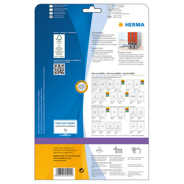 HERMA 5092 (для папок) Этикетки самоклеющиеся Бумажные А4, 192.0 x 38.0, цвет: Красный, клей: перманентный, для печати на: струйных и лазерных аппаратах, в пачке: 25 листов/175 этикеток