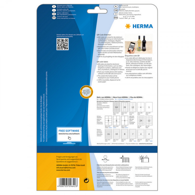 HERMA 9642 (для печати QR-кода) Этикетки самоклеющиеся Бумажные А4, 40.0 x 40.0, цвет: Белый, клей: перманентный, для печати на: струйных и лазерных аппаратах, в пачке: 25 листов/25 этикеток