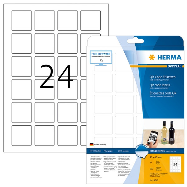 HERMA 9642 (для печати QR-кода) Этикетки самоклеющиеся Бумажные А4, 40.0 x 40.0, цвет: Белый, клей: перманентный, для печати на: струйных и лазерных аппаратах, в пачке: 25 листов/25 этикеток
