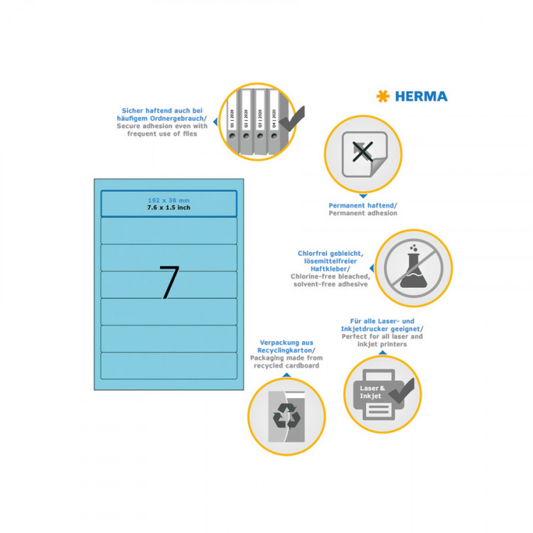 HERMA 5093 (для папок) Этикетки самоклеющиеся Бумажные А4, 192.0 x 38.0, цвет: Голубой, клей: перманентный, для печати на: струйных и лазерных аппаратах, в пачке: 25 листов/175 этикеток