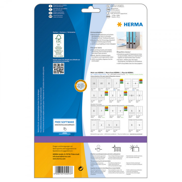HERMA 5093 (для папок) Этикетки самоклеющиеся Бумажные А4, 192.0 x 38.0, цвет: Голубой, клей: перманентный, для печати на: струйных и лазерных аппаратах, в пачке: 25 листов/175 этикеток