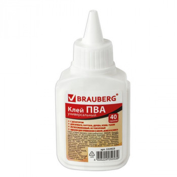 Клей ПВА BRAUBERG (бумага, картон, дерево), 40 гр. (BRAUBERG 222923) Клей ПВА BRAUBERG предназначен для склеивания бумаги, картона, дерева.