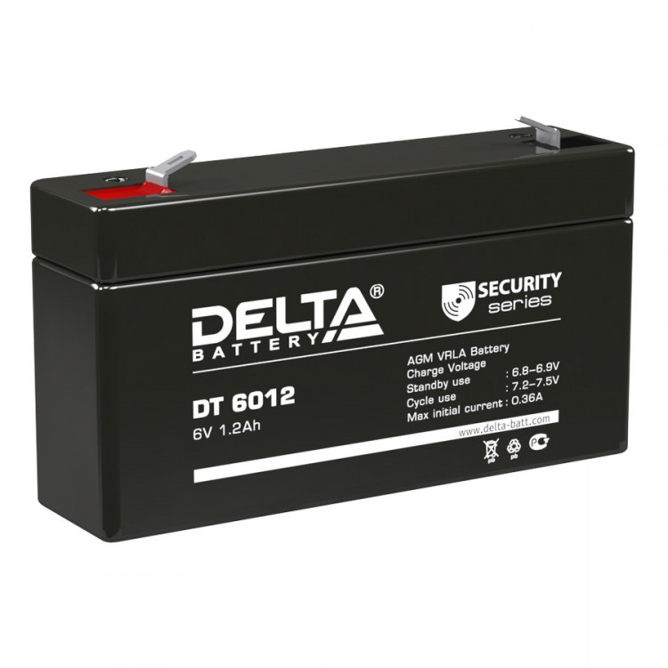 Energon Delta DT 6012 Аккумуляторная батарея DELTA DT 6012 (6В / 1,2Ач, Тип: AGM, Клемма: F1, ДхШхВ: 97х24х51мм (Полная высота: 58мм), срок службы: 5 лет, Гарантия: 1г, вес: 0,29кг)