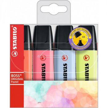 Набор Текстовыделителей Stabilo Boss Original Pastel 4  цвет./упак. Блистер - Голубой, Лаймовый, Светло-Коралловый, Вишнево-Розовый (STABILO 70/4-3) 