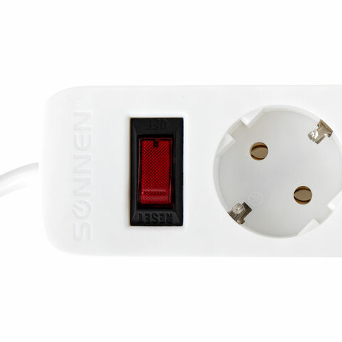Сетевой фильтр SONNEN SPW-305, 5 розеток с заземлением, выключатель, 10 А, 3 м, белый, 513654