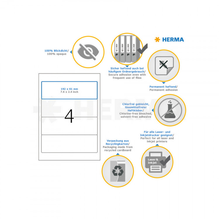 HERMA 5095 (для папок) Этикетки самоклеющиеся Бумажные А4, 192.0 x 61.0, цвет: Белый, клей: перманентный, для печати на: струйных и лазерных аппаратах, в пачке: 25 листов/100 этикеток